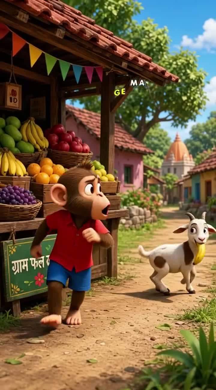 Cute 3D cartoon monkey wearing a red shirt and blue shorts — AI cartoon