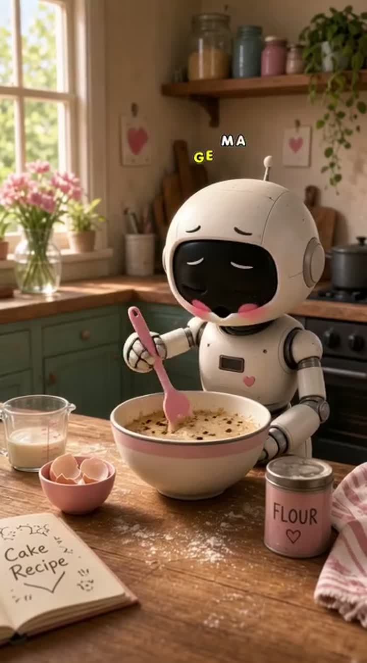 A shy robot bakes a cake,Pixar style — AI cartoon