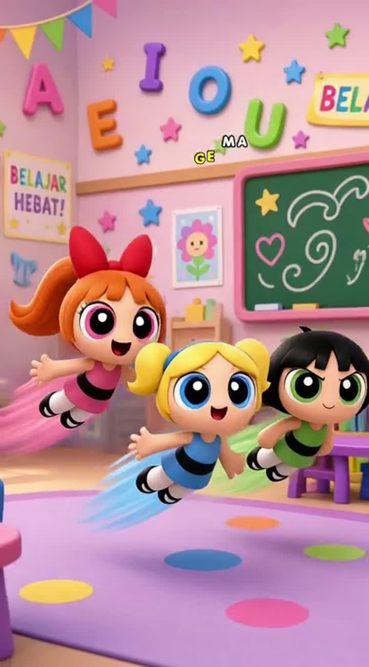 ANIMASI CARTOON: POWERPUFF GIRLS BELAJAR HURUF VOKAL — AI cartoon