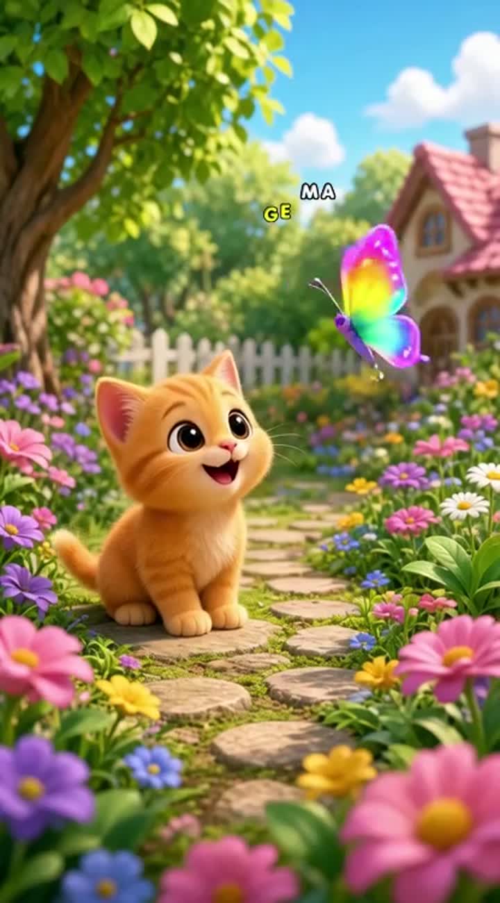 A tiny orange kitten discovers a magical rainbow-colored butterfly… — AI cartoon