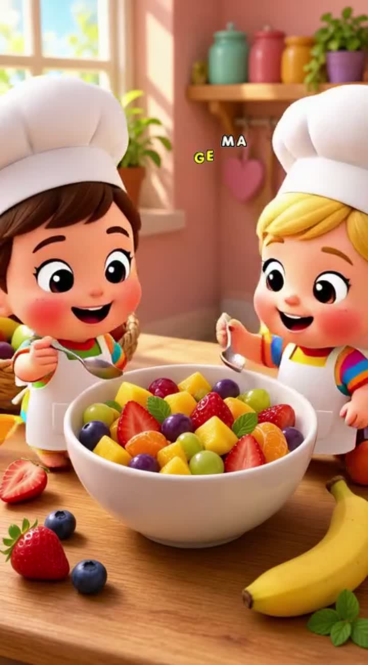 Two cute little cartoon chefs taste their fruit salad… — AI cartoon
