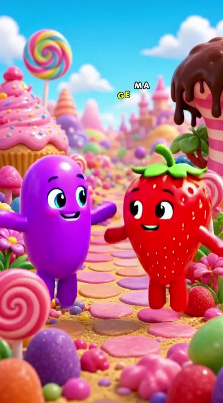 A cute purple jellybean with big blue eyes dances happily… — AI cartoon