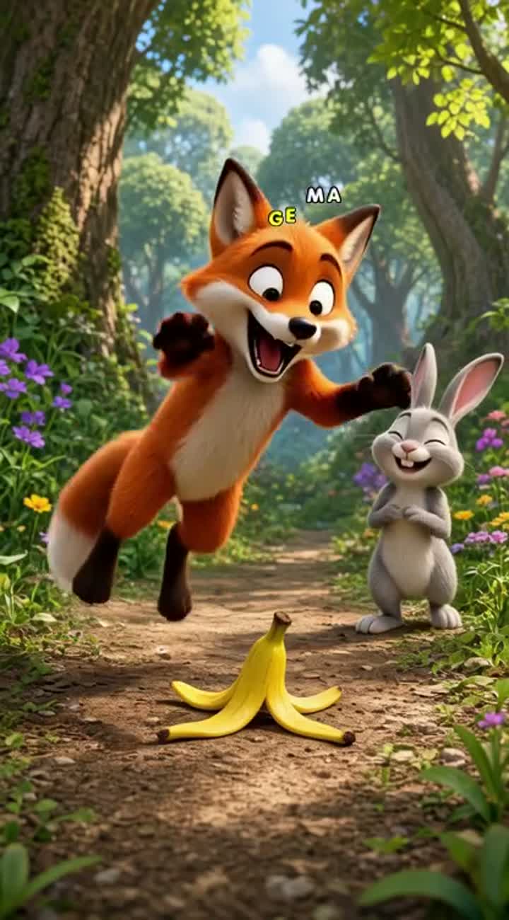 A funny 3D cartoon of a cute orange fox slipping on a banana peel… — AI cartoon