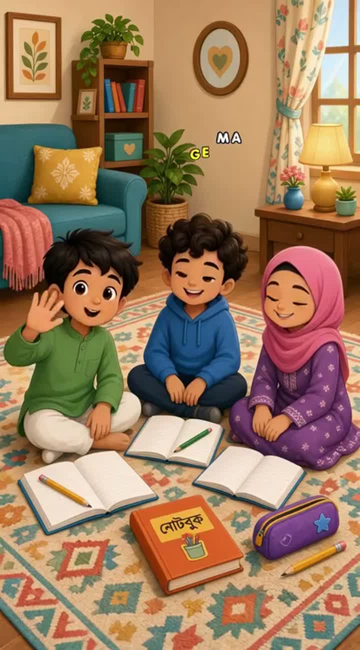 Three children, Asa'ad, Abrar, and Ariba… — AI cartoon