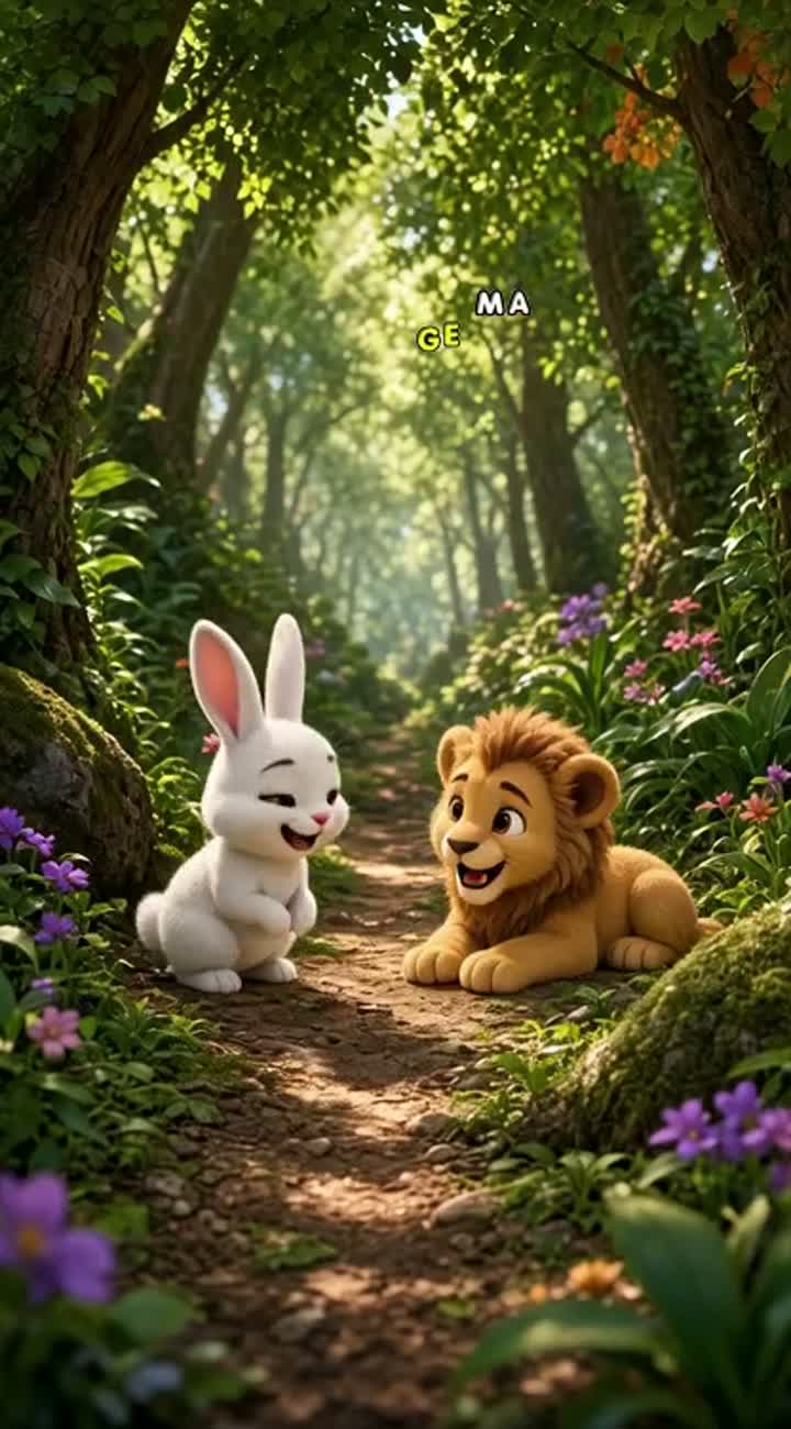 A cute 3D cartoon rabbit walks through a lush forest filled… — AI cartoon