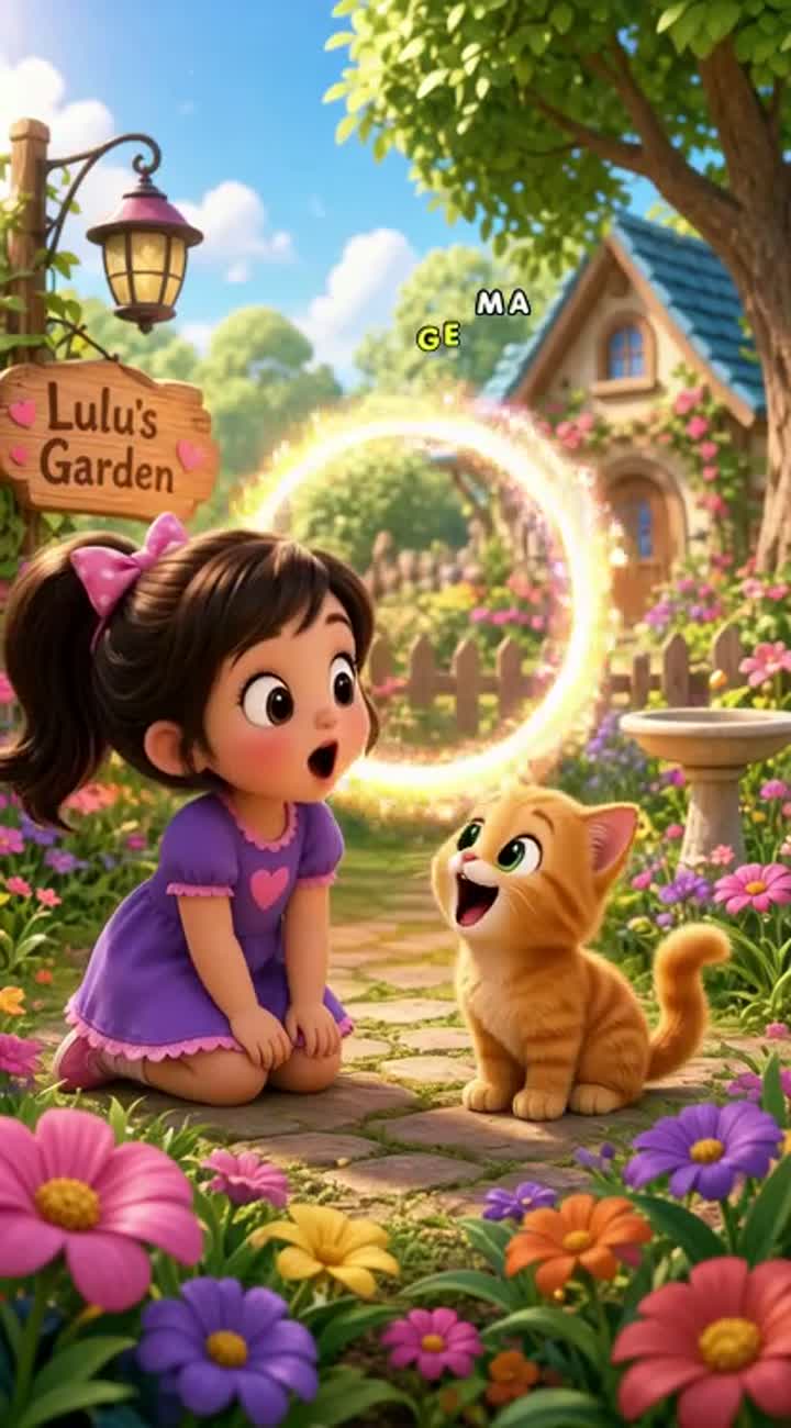 On a beautiful morning, Lulu plays with her cat Mishmisha in a garden — AI cartoon