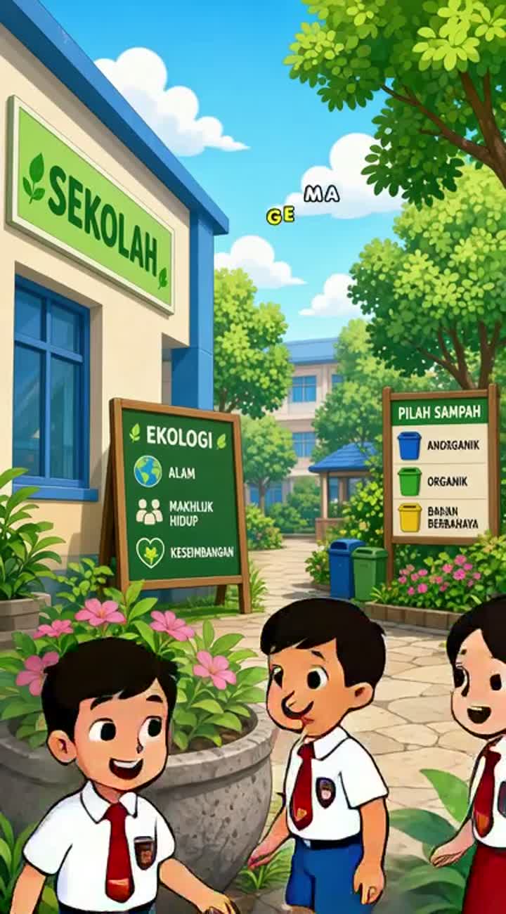2D cartoon video about school ecology, 9:16 vertical portrait — AI cartoon