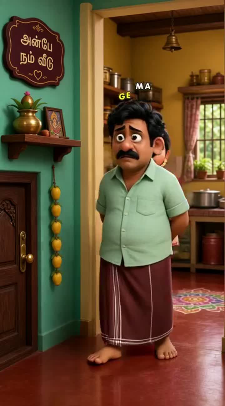 Funny 3 D cartoon of a Tamil husband and wife in a South Indian home — AI cartoon