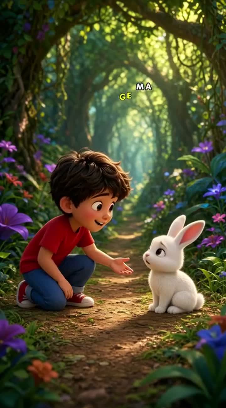 A cute little boy wearing a red shirt and blue trousers meets… — AI cartoon