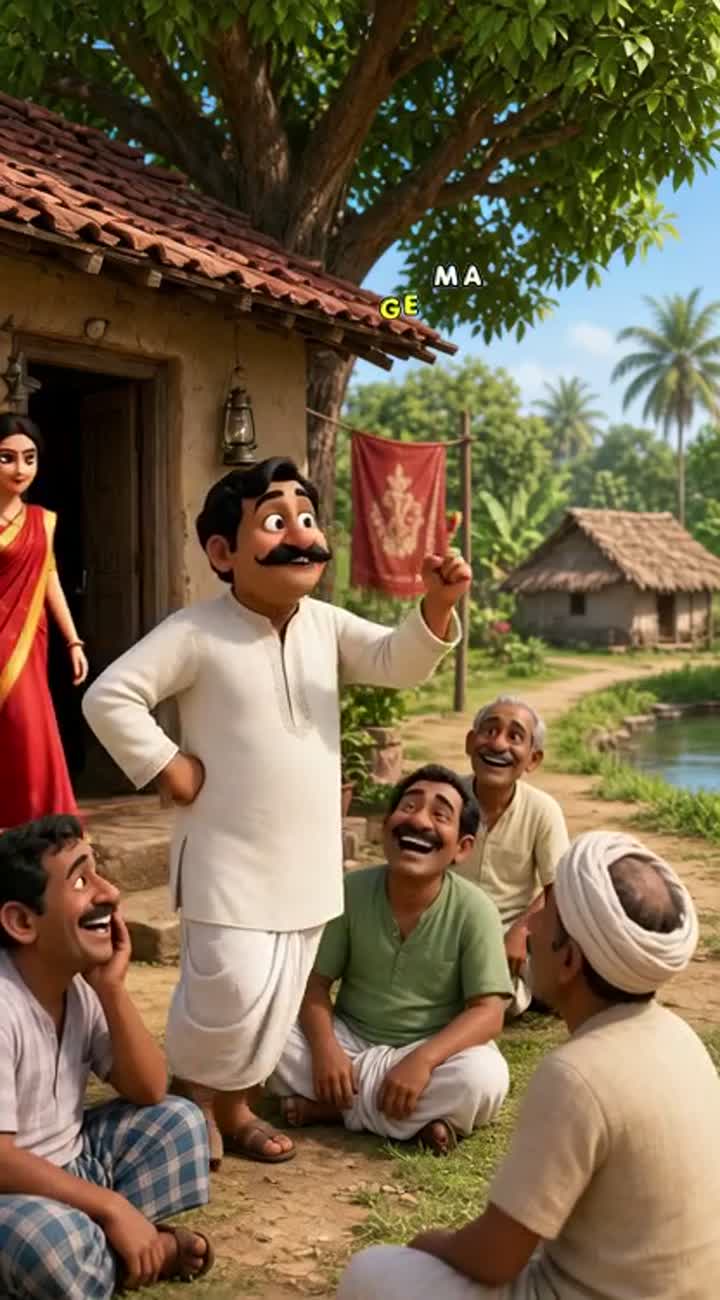 Funny vertical 3D cartoon set in a rural Bengali village in India — AI cartoon