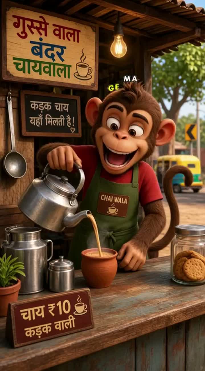 Gusse Wala Bandar Chaiwala — AI cartoon
