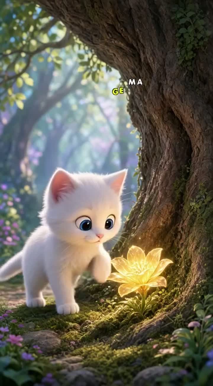 A cute little white kitten with big blue eyes lives in a magical… — AI cartoon