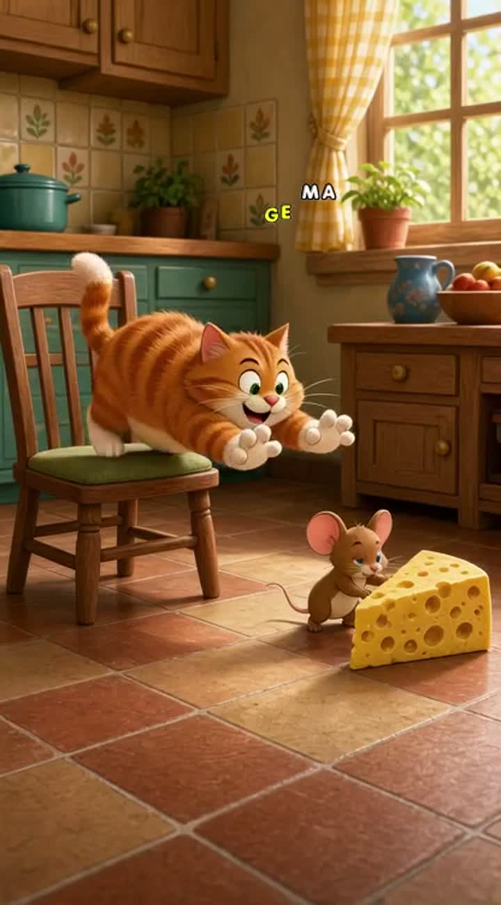A vibrant, colorful animated cartoon in a classic cat-and-mouse… — AI cartoon