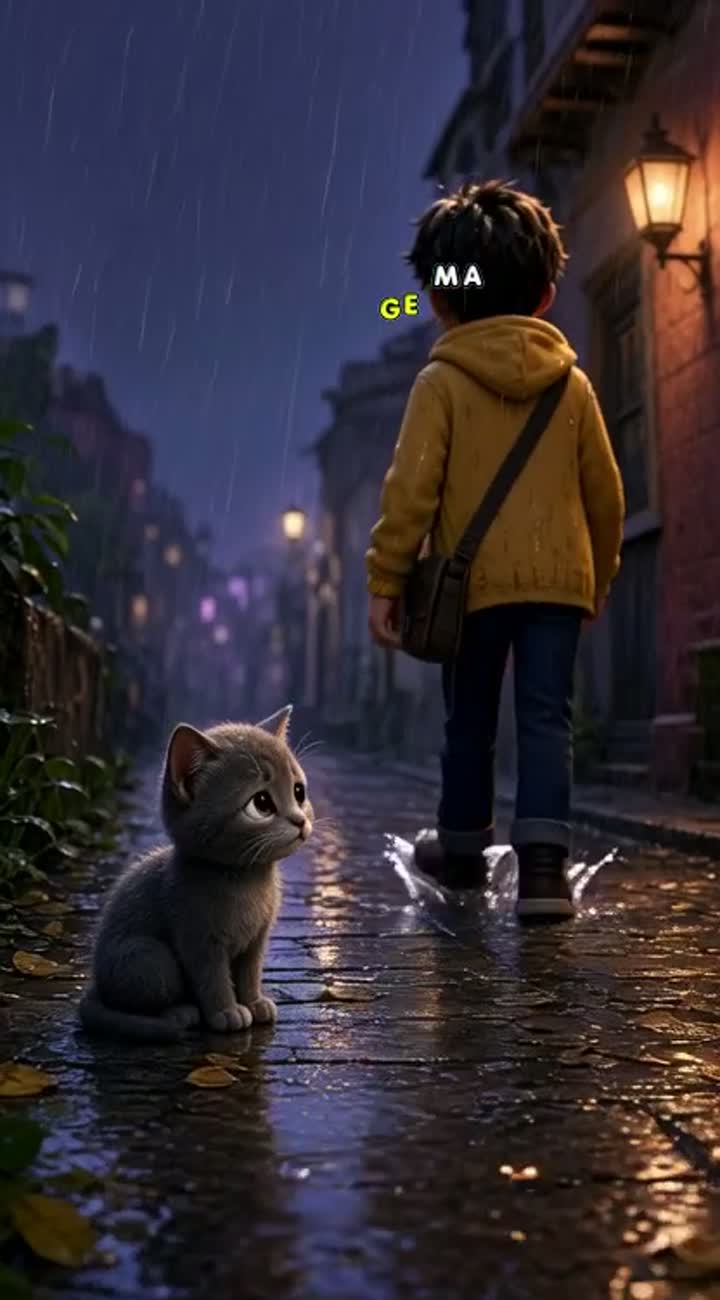 A tiny cat sits alone in the rain, looking small and vulnerable as… — AI cartoon