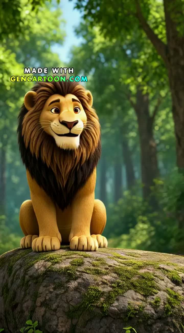 Banjuri, the lion, Madhuri, the lioness, and Dogeshwar, a stray dog — AI cartoon