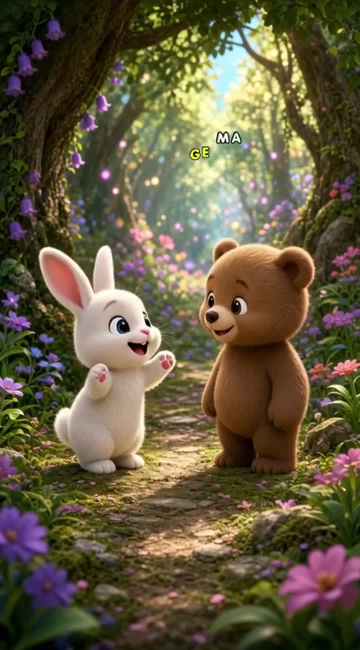 A cute baby bunny and a little bear meet in a magical forest… — AI cartoon