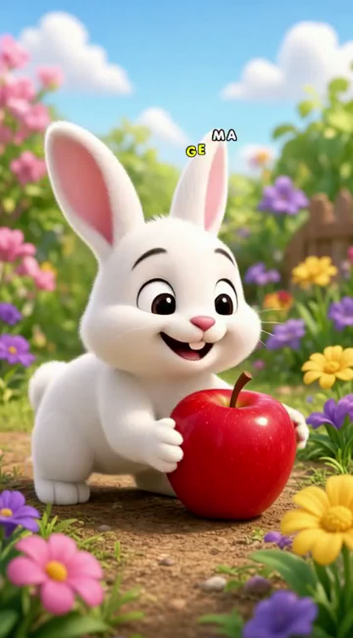 A friendly white rabbit finds a bright red apple in a colorful garden — AI cartoon
