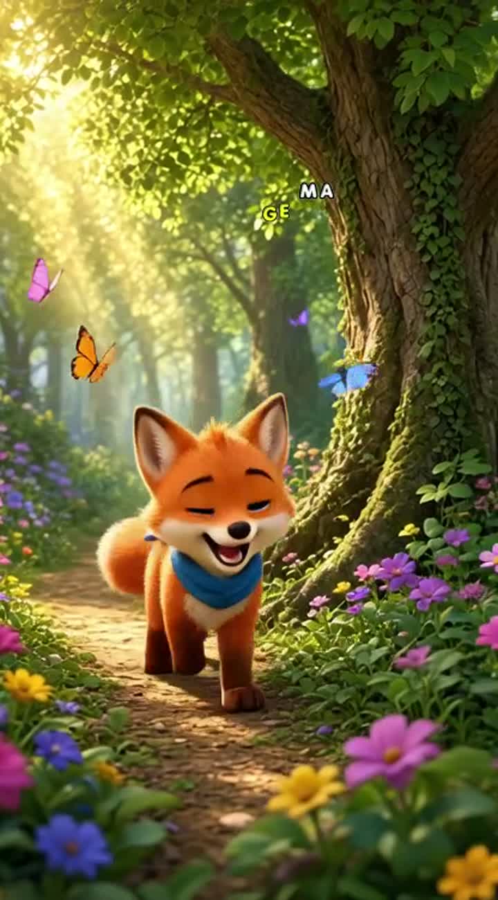 A small adorable orange fox named Zippy, with big blue eyes… — AI cartoon