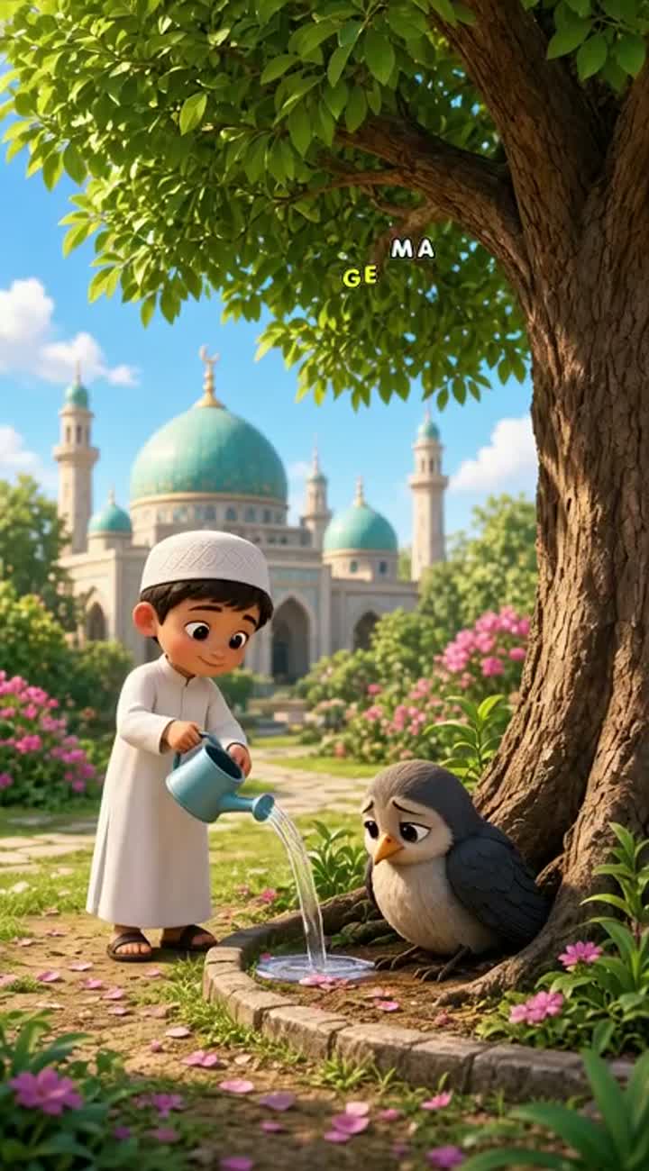 A cute little Muslim boy wearing a white thobe and kufi sees… — AI cartoon