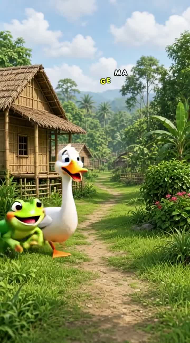 A cute green frog and a funny long-necked duck in a beautiful… — AI cartoon