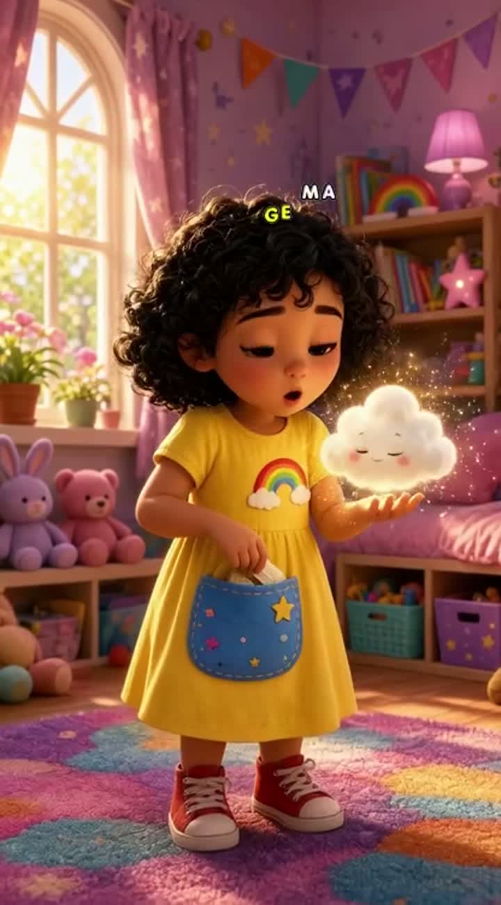 Mimi, a cute 7-year-old girl with big expressive brown eyes… — AI cartoon