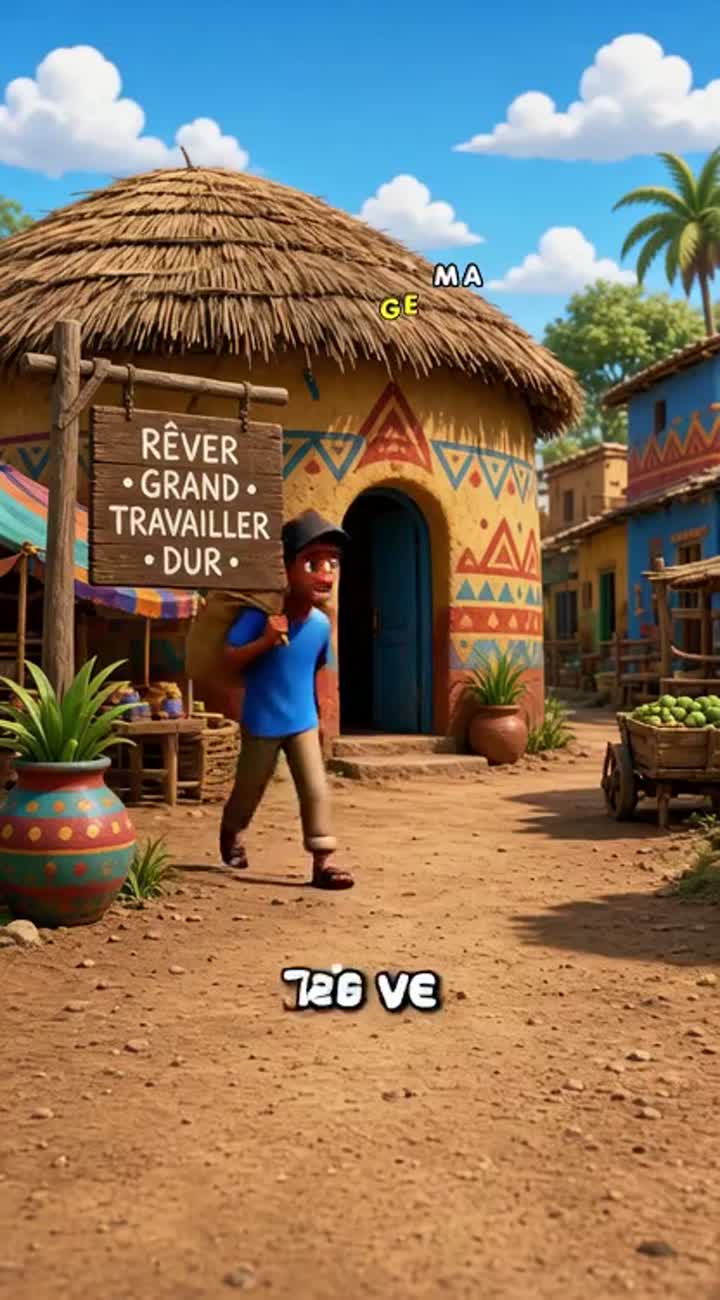 Dans un village africain coloré, un jeune homme de vingt-c inq… — AI cartoon