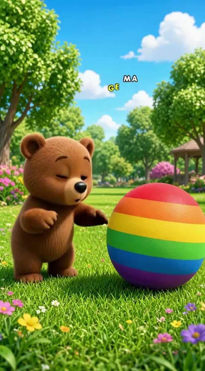 Scene 1: A cute little brown bear discovers a giant rainbow ball… — AI cartoon