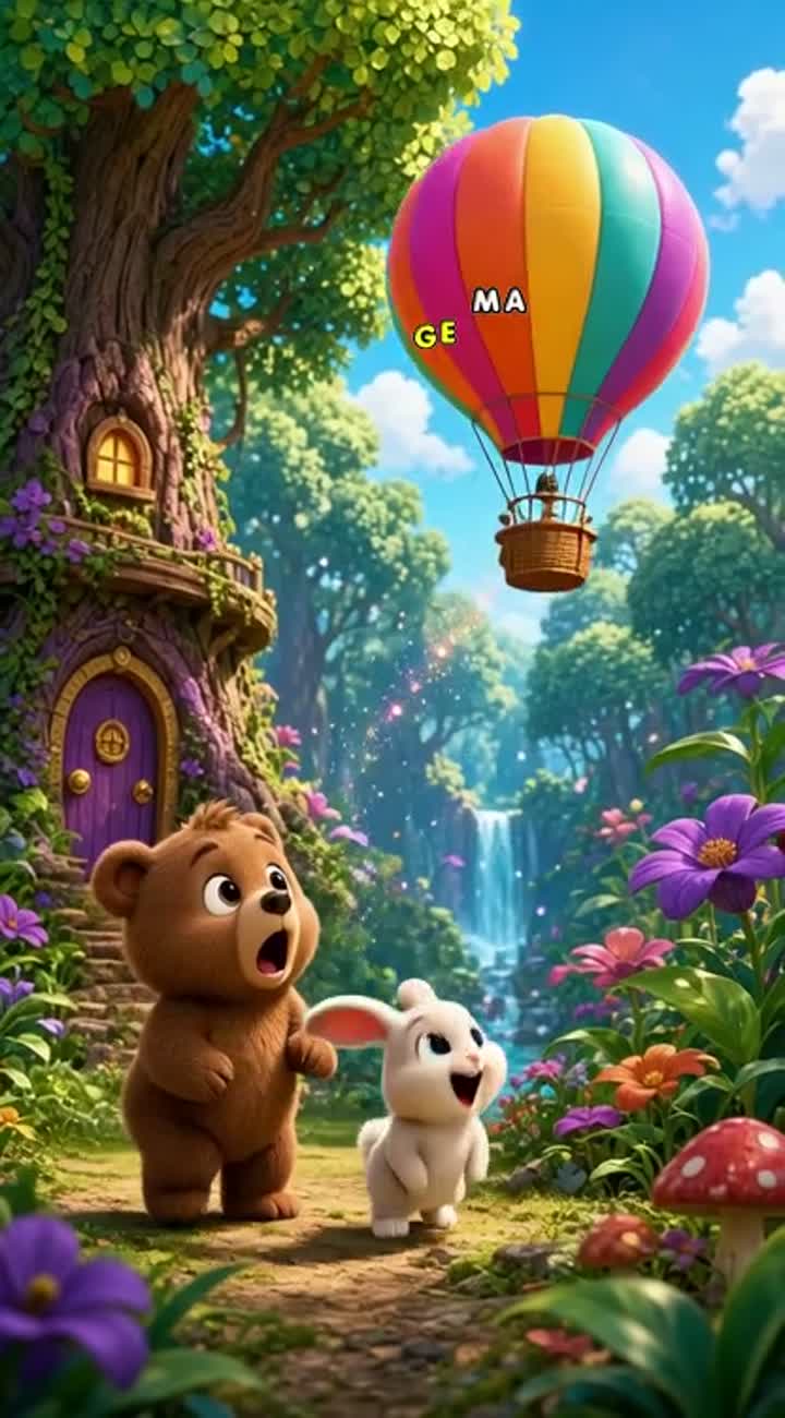 A cute 3D cartoon of a little brown bear and a baby rabbit playing… — AI cartoon