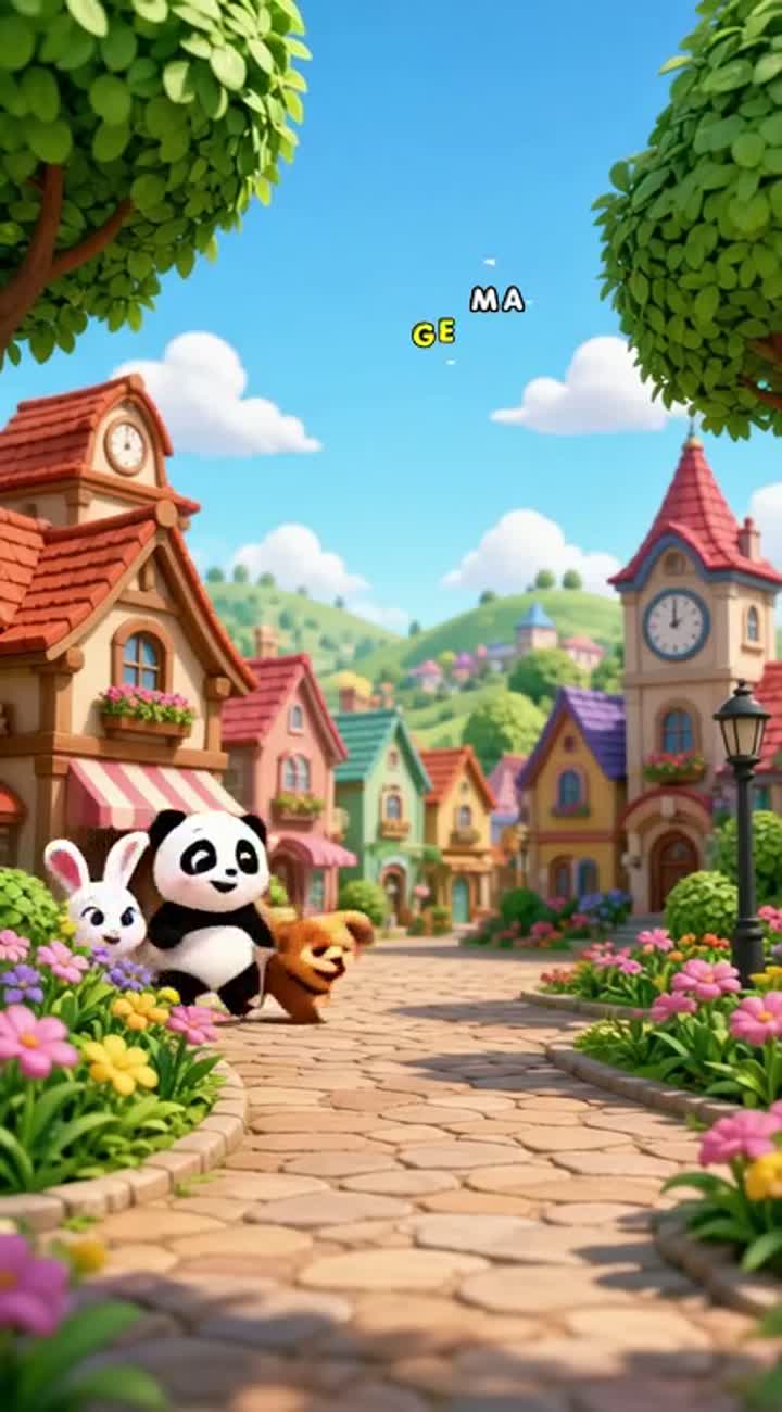 A cute little panda, a white bunny, and a funny puppy playing… — AI cartoon