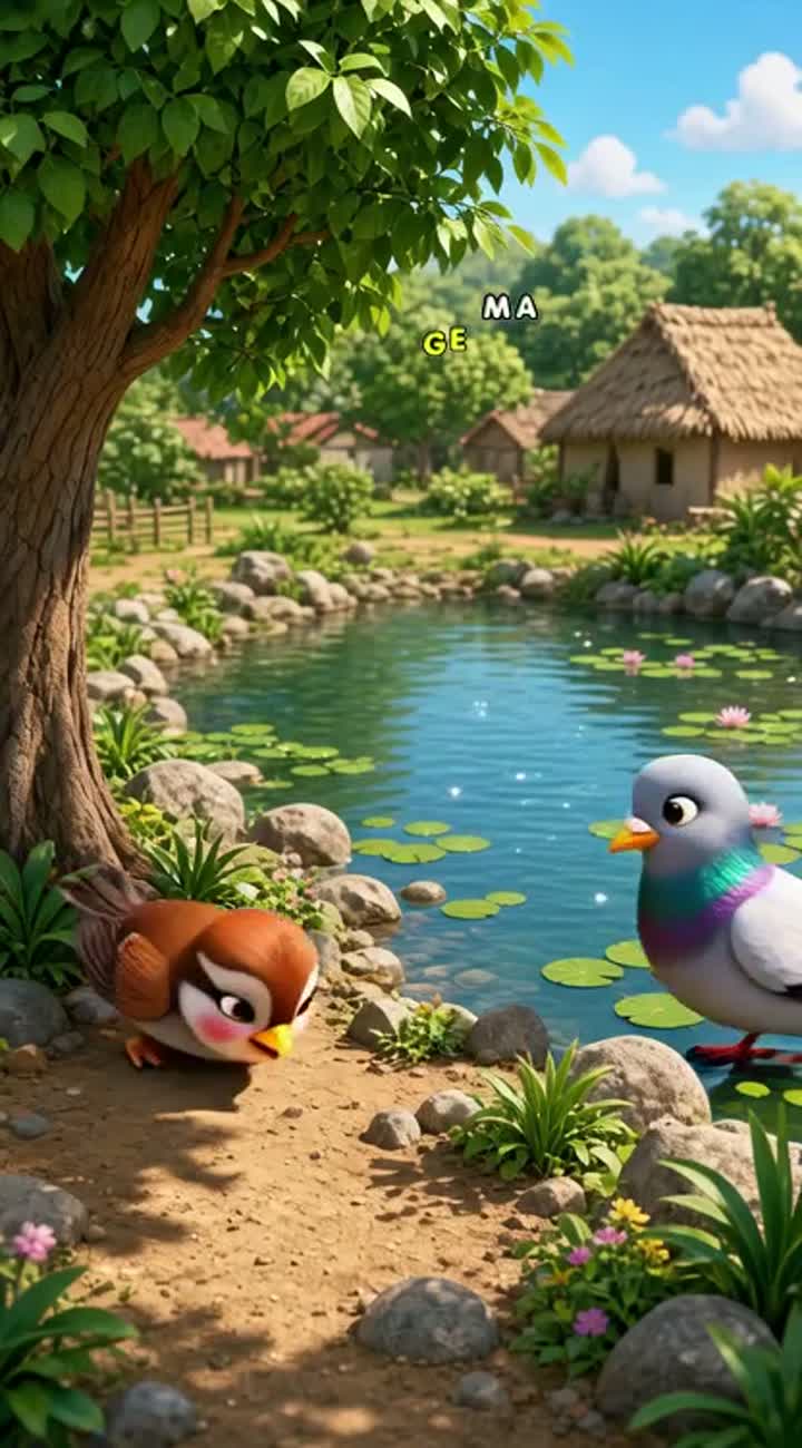 Cute 3D cartoon animation of a pigeon helping a thirsty little… — AI cartoon