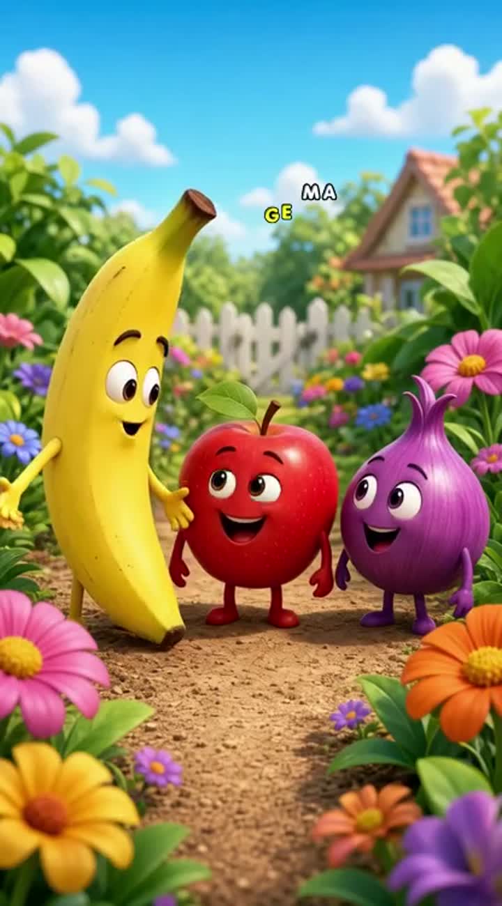 Funny 3D cartoon with a banana, a red apple, and a purple onion — AI cartoon