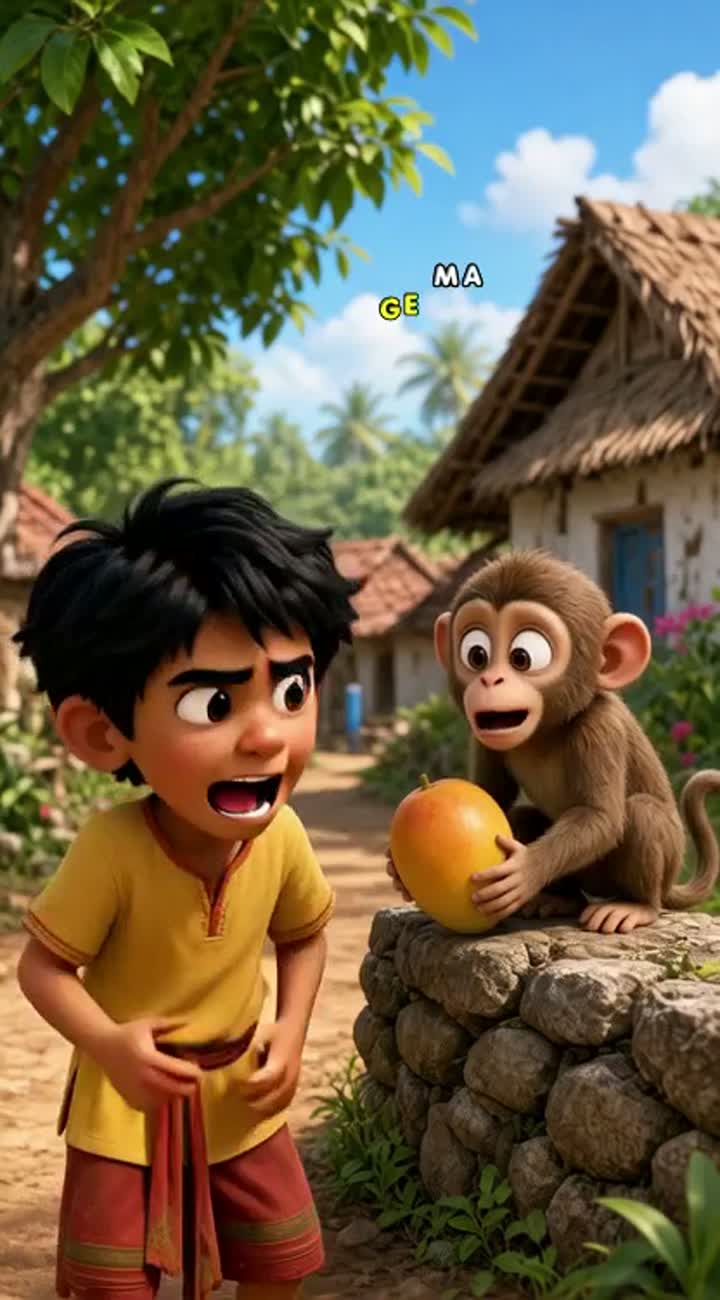 A naughty little monkey steals a mango from a village boy… — AI cartoon