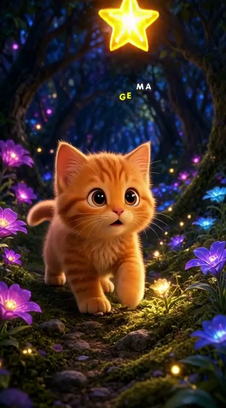 A small fluffy orange kitten walks through a magical forest… — AI cartoon