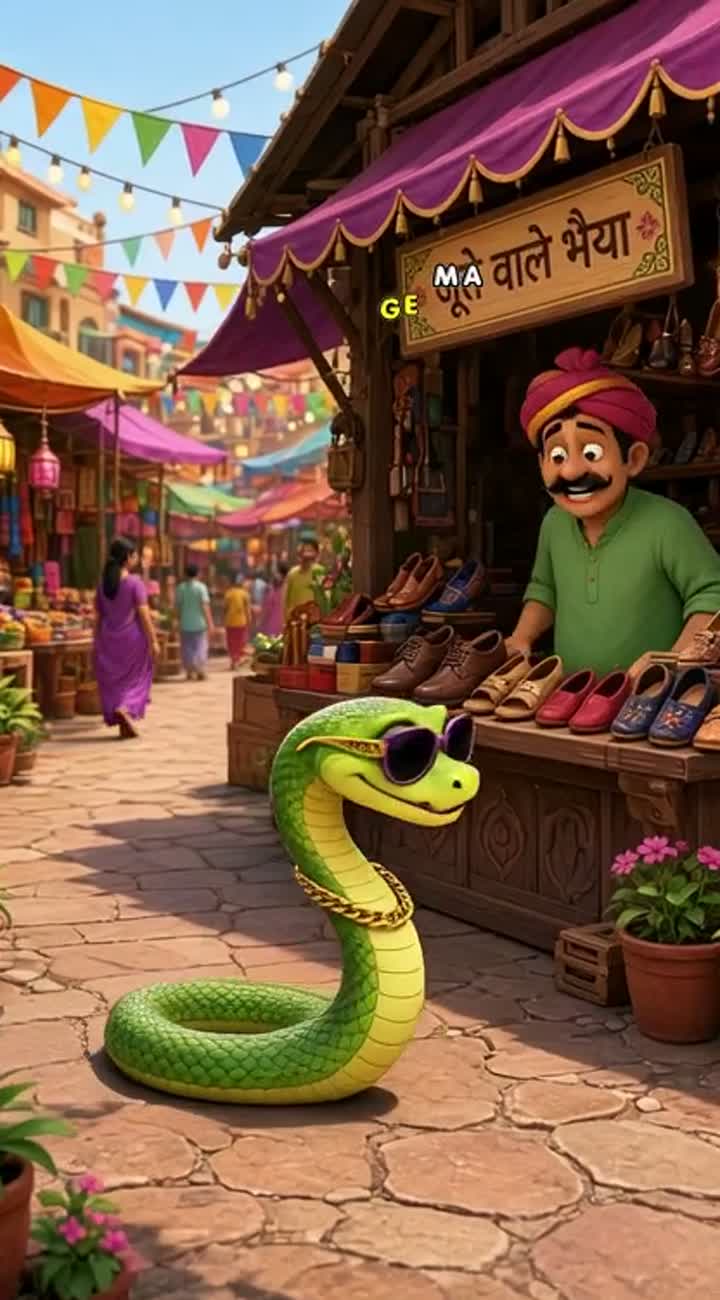 A snake wearing stylish glasses confidently slithers into a lively… — AI cartoon