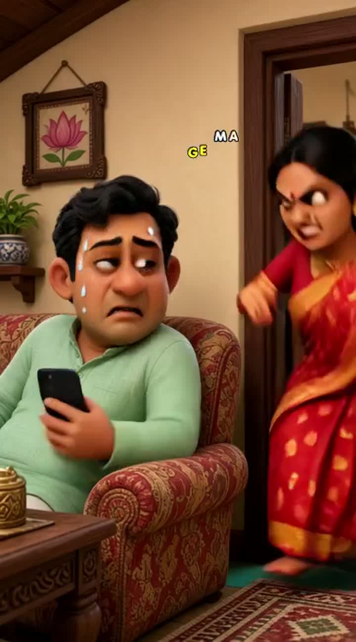 A funny 3D cartoon of a Bengali husband secretly watching his phone — AI cartoon