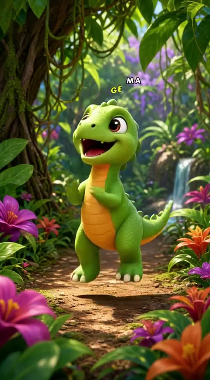 A cute baby green dinosaur with an orange belly dances… — AI cartoon