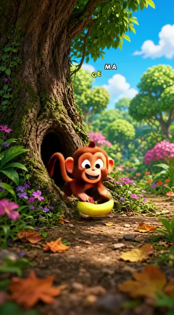 A funny little monkey steals a banana from a clever rabbit… — AI cartoon