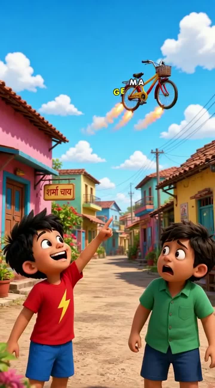 Chintu points at the flying bike and laughs — AI cartoon