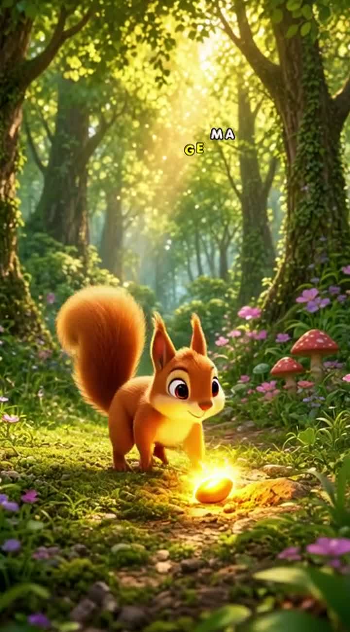 A beautiful forest where a small, kind, cheerful squirrel… — AI cartoon