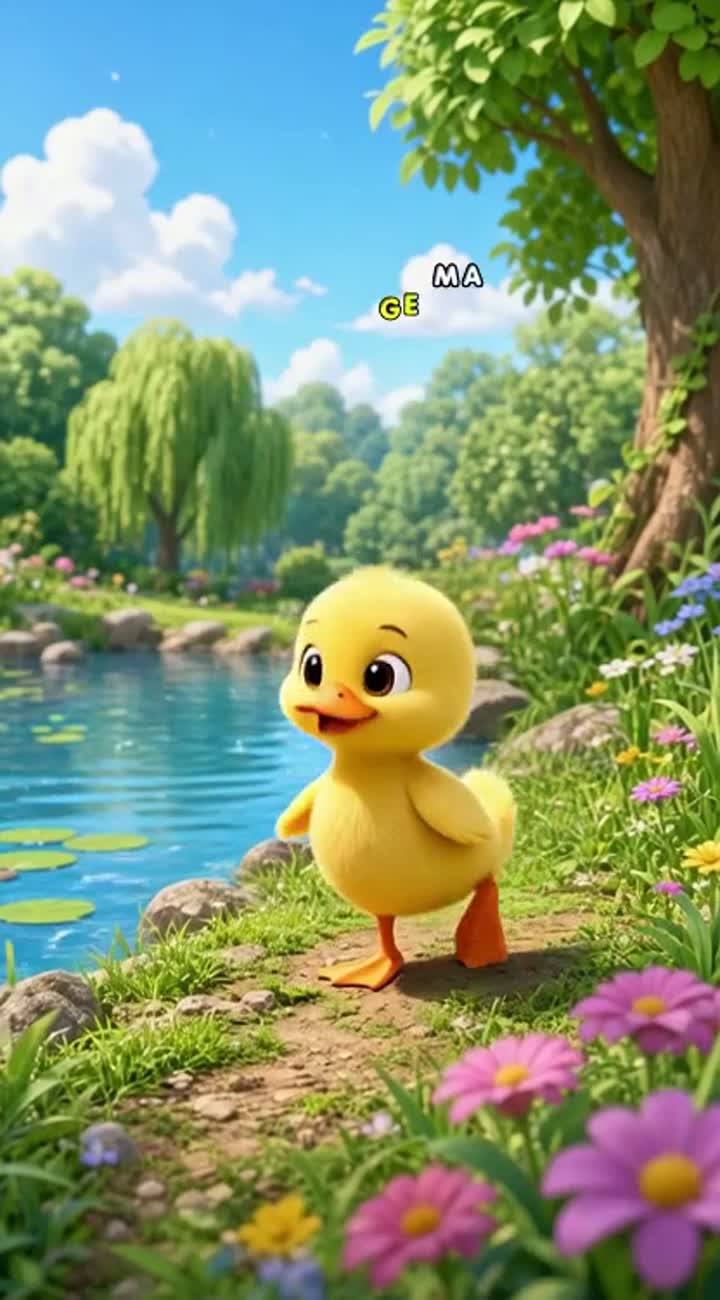 A cute baby duck singing and dancing beside a pond… — AI cartoon