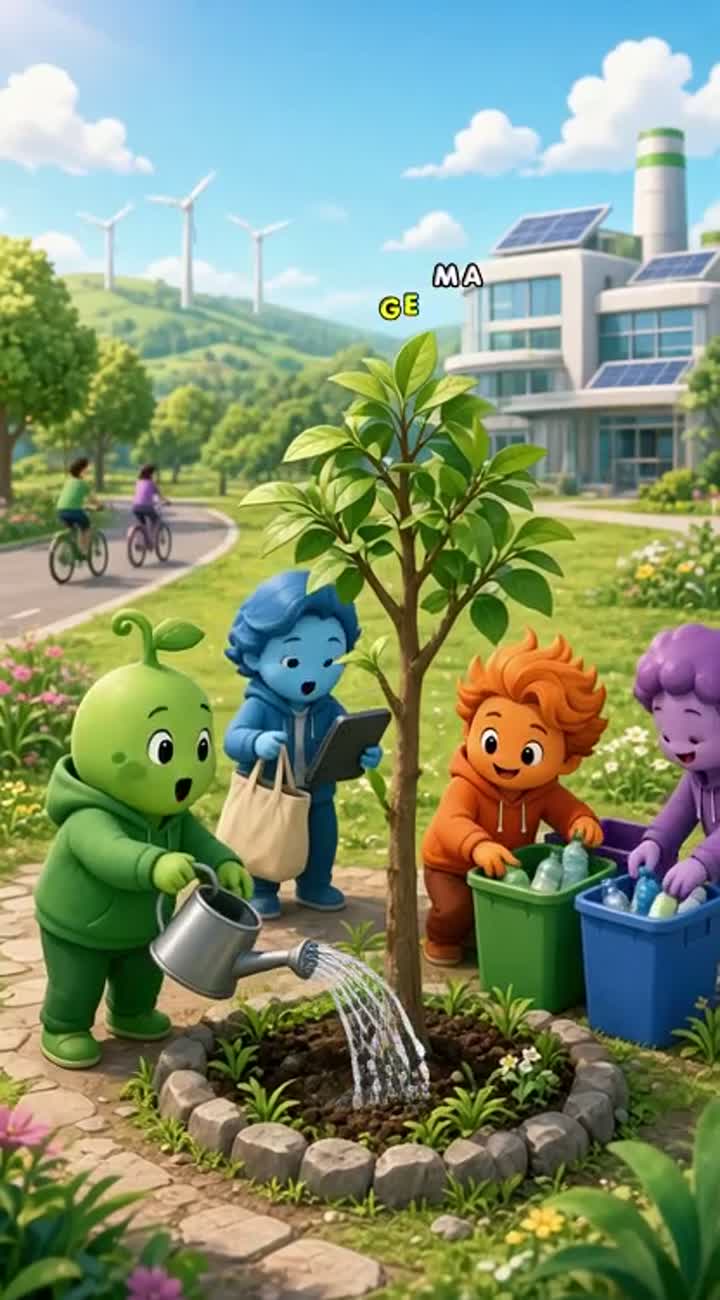In a bright modern city park, three friendly anthropomorphic… — AI cartoon