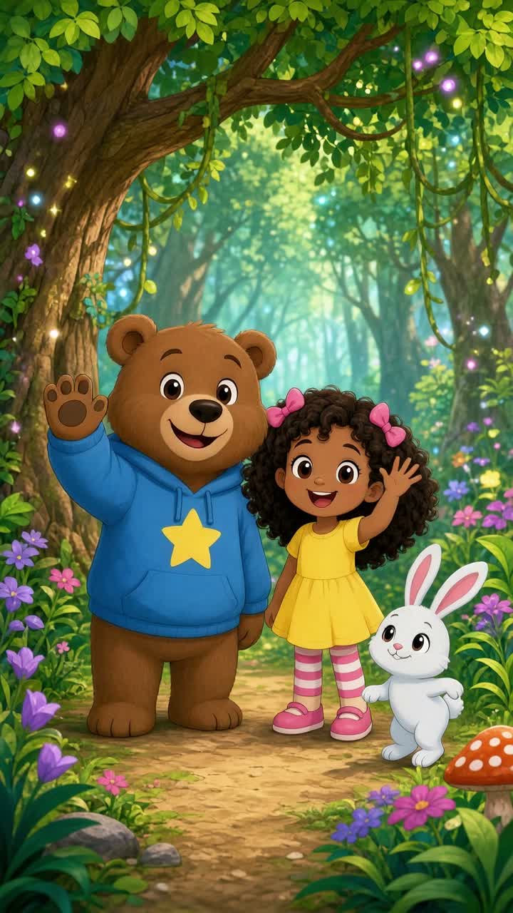 A colorful 2D animated children's cartoon in a magical forest — AI cartoon