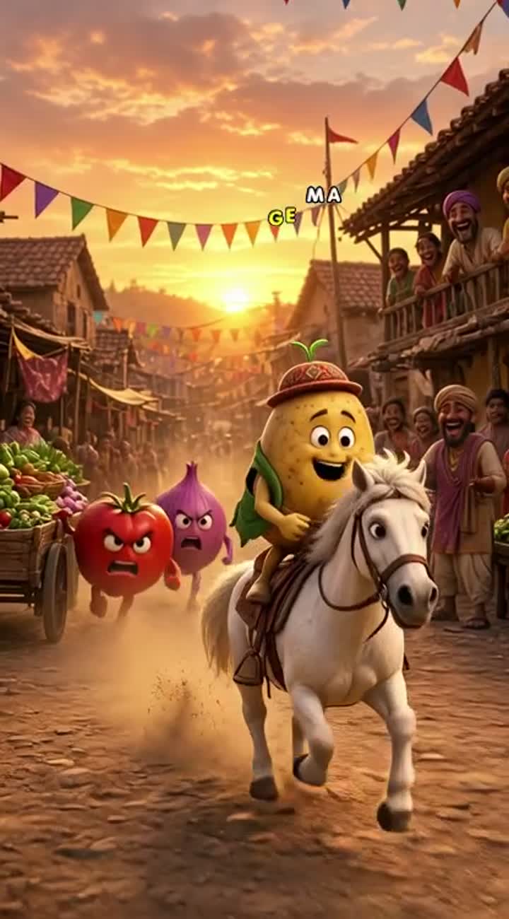 Omedic cinematic 3D scene, funny anthropomorphic potato suddenly… — AI cartoon