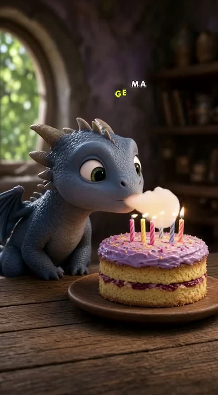 A tiny dragon tries to blow out birthday candles… — AI cartoon