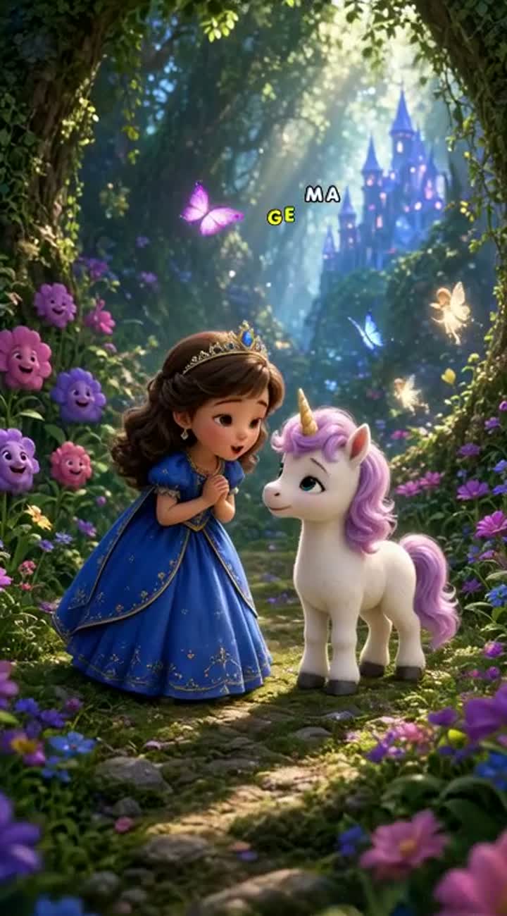 A little princess with sparkling eyes and a blue dress discovers… — AI cartoon
