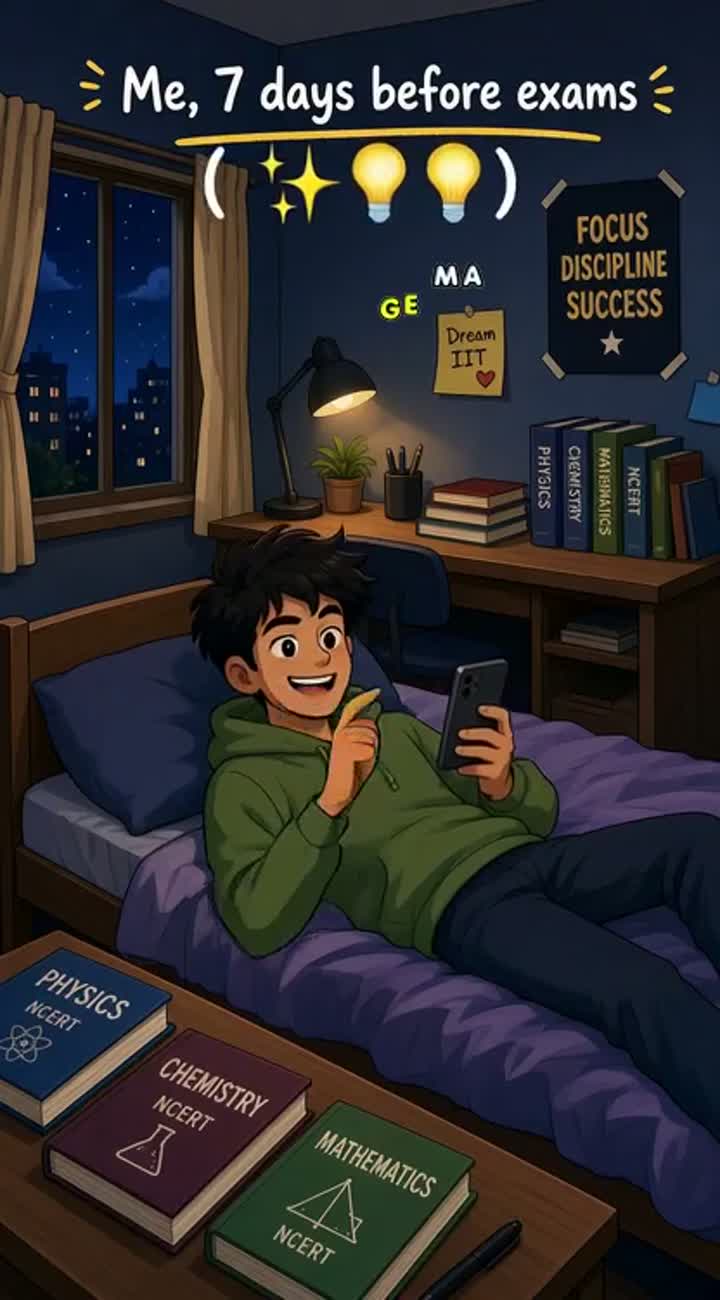 The student lies on his bed scrolling through his phone — AI cartoon