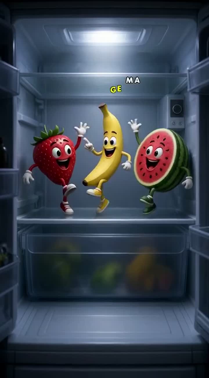 Une fraise, une banane et une pastèque en 3D dansent ensemble — AI cartoon
