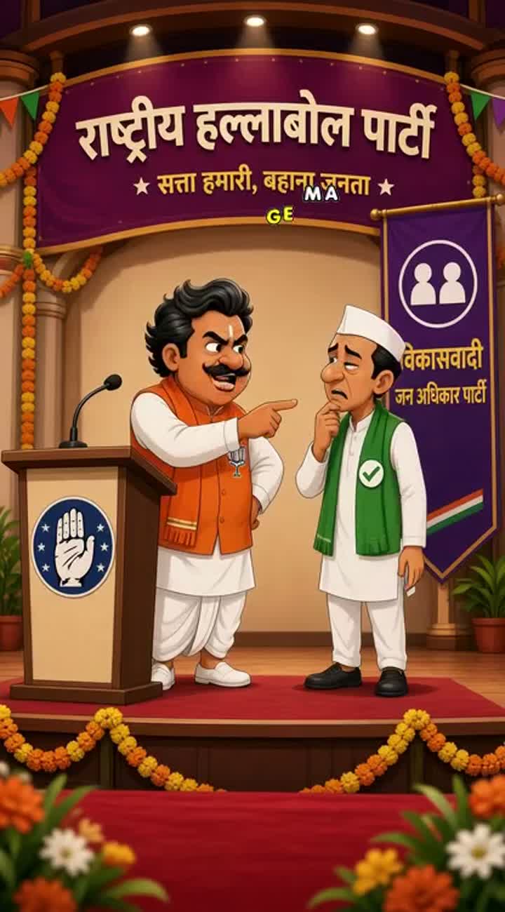 Funny Indian political satire cartoon in a colorful 2D animation style — AI cartoon