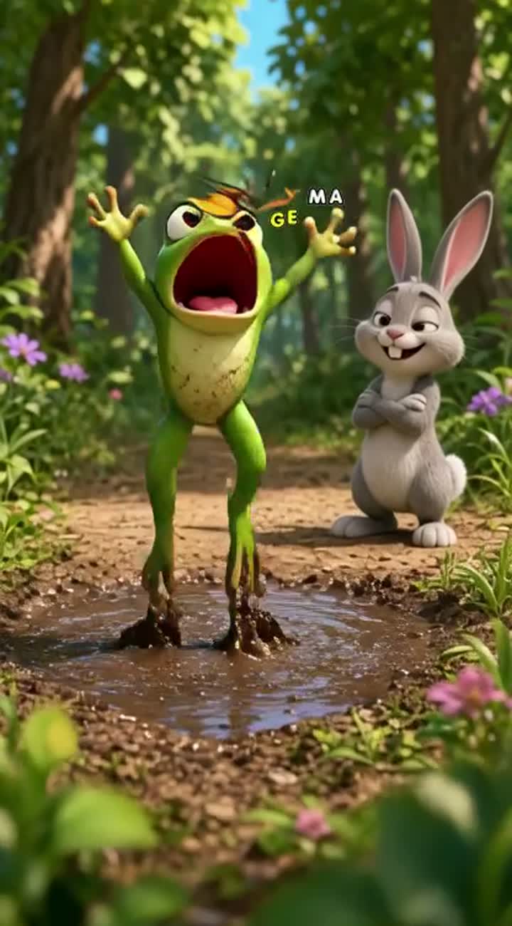 Funny 3D cartoon video featuring a cute green frog… — AI cartoon