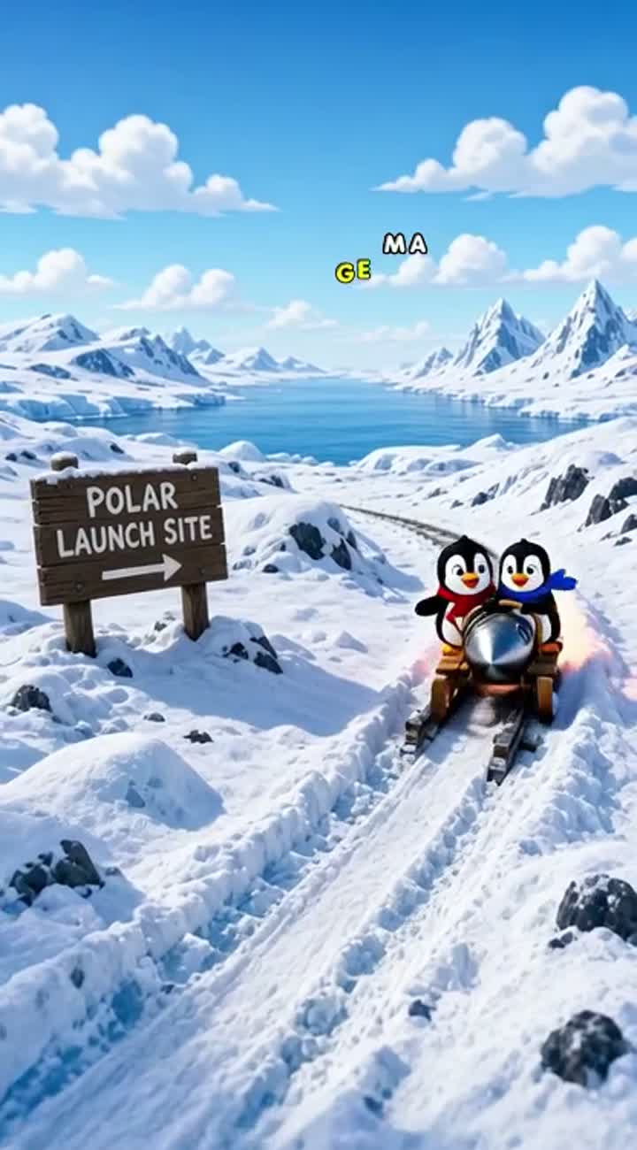 Two penguins racing a homemade rocket sled Animated cartoon… — AI cartoon